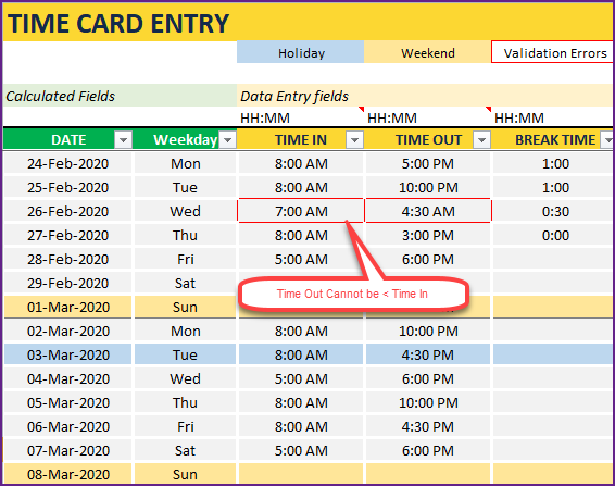Time Card Entry in the Timesheet Excel template – Validation