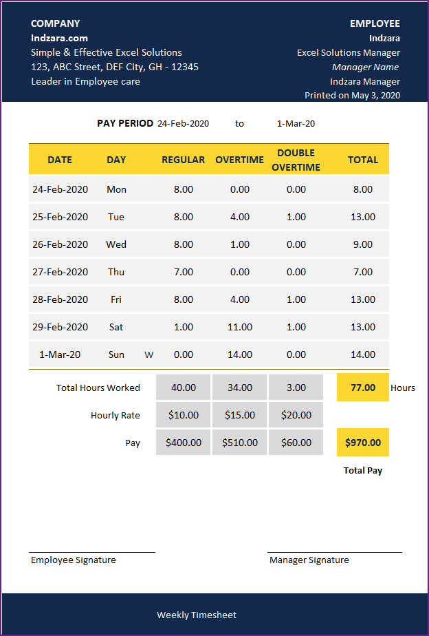 Weekly Timesheet Template -Printable – Excel Template