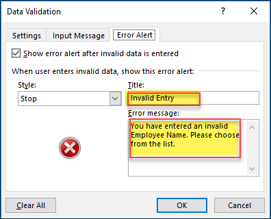 Entering Error Alert Message