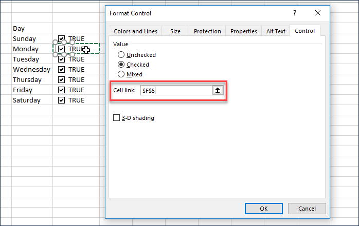 excel for mac how to make check boxes linked to cell