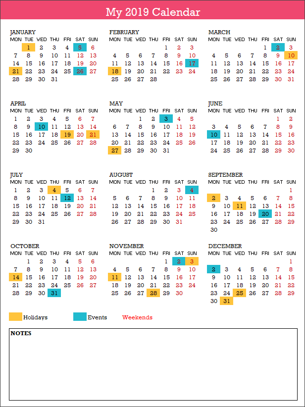 2019 Calendar Design 1 – 1 Page 12 Months – 4 X 3