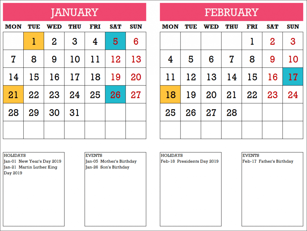 2019 Calendar Design 10 – 6 Pages – with Events