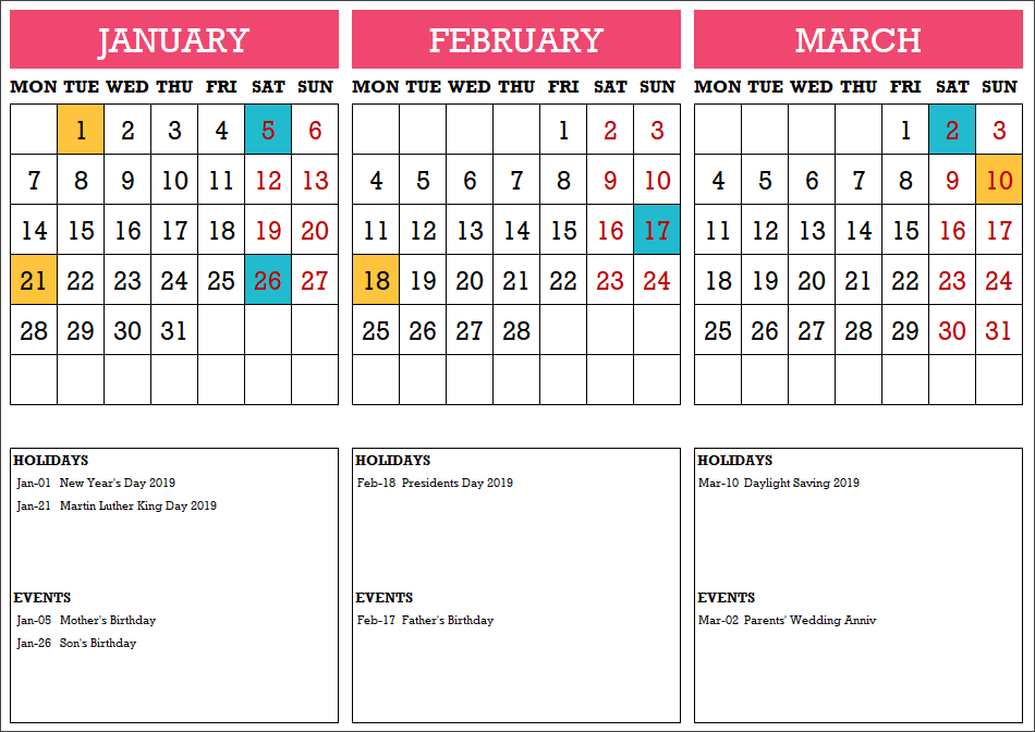 2019 Calendar Design 11 – 4 Pages – with Events