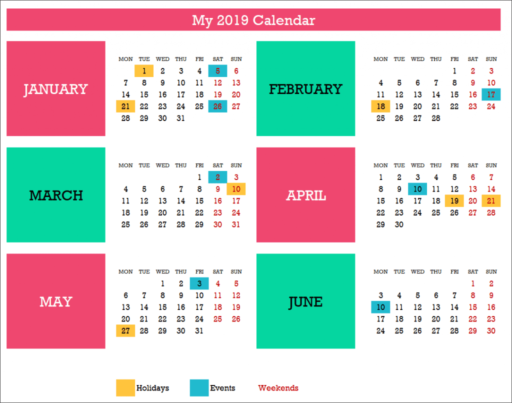 2019 Calendar Design 13 – 2 Pages – 6 Months on each page