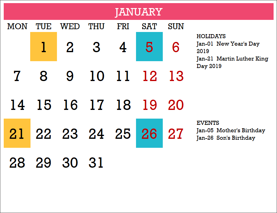 2019 Calendar Design 14 – 12 Pages – Monthly – with Events