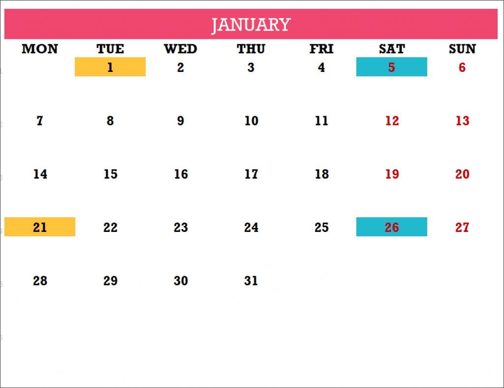 2019 Calendar Design 15 – 12 Pages – Monthly – Type Events
