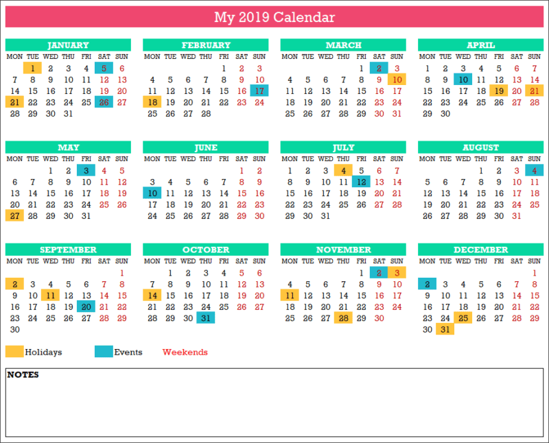 2019 Excel Calendar Template - 19 Calendar Designs - Download