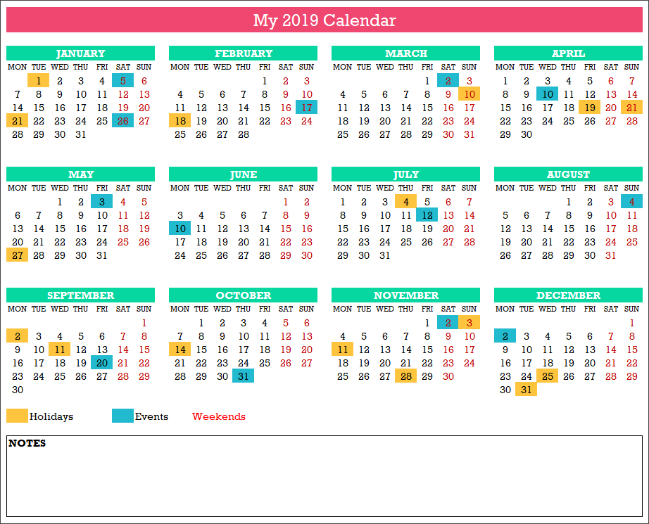 2019 Calendar Design 2 – 1 Page 12 Months – 3 X 4
