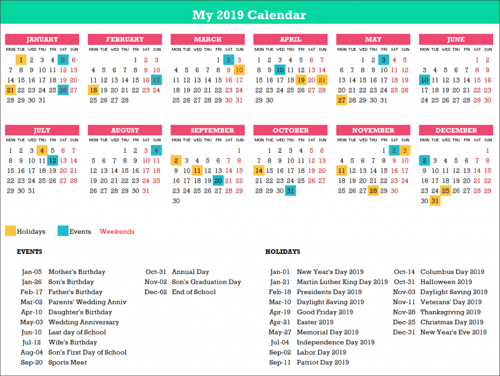 2019 Calendar Design 3 – 1 Page 12 Months – 2 X 6 with Events