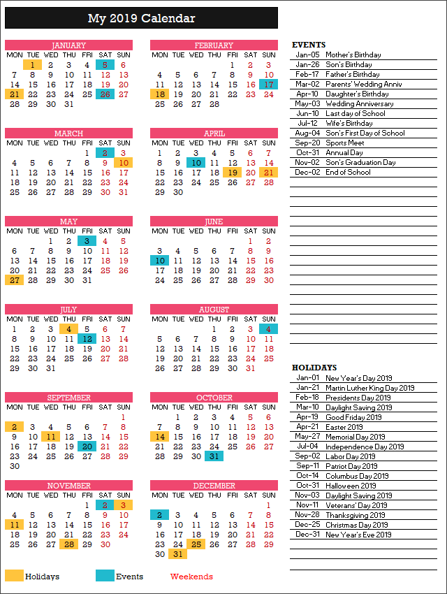 2019 Calendar Design 4 – 1 Page 12 Months – 6 X 2 with Events