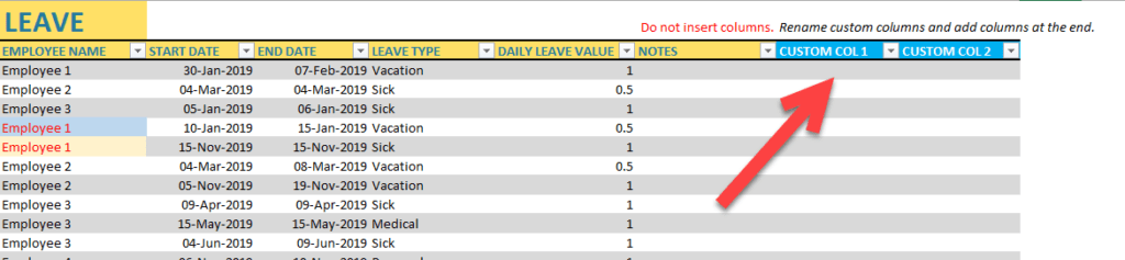 Enter Employee Leave Data - Custom columns