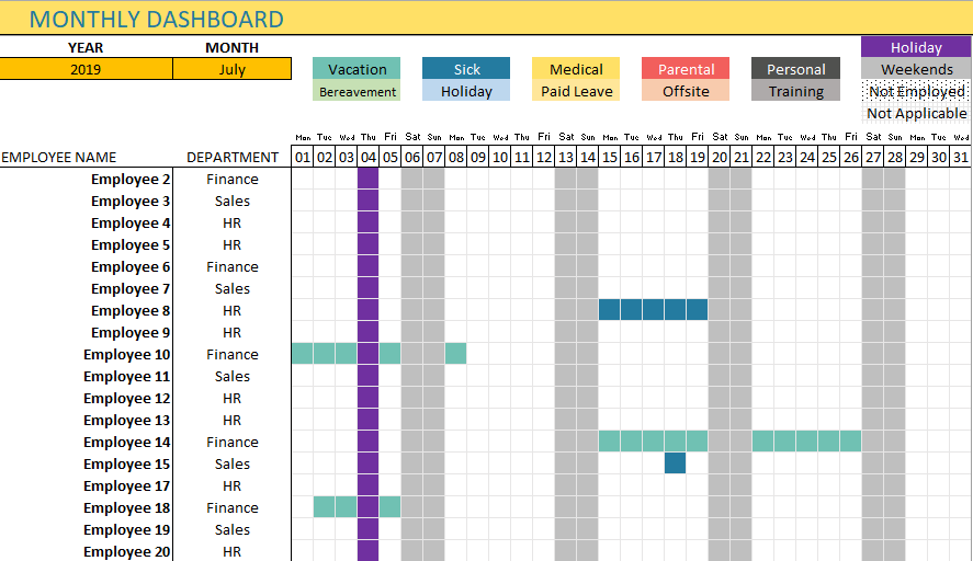 Monthly Team Dashboard Page 1 with Calendar view