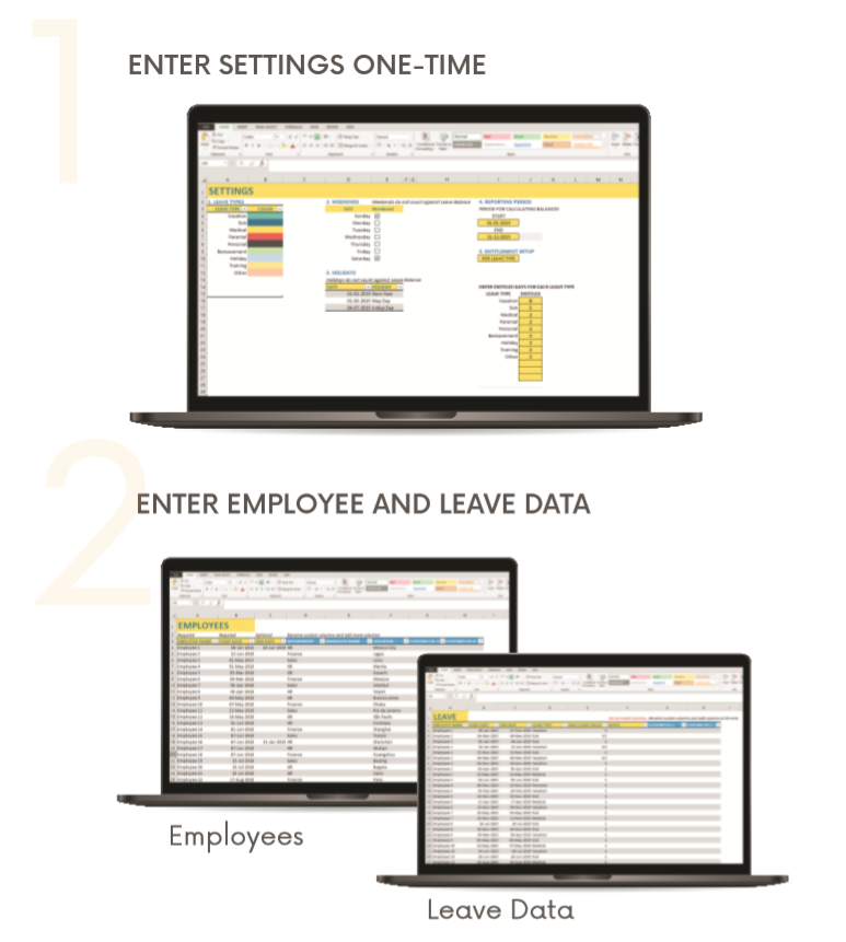 Employee Leave Management Excel template - Simple Input (Settings, Employee and Leave Data)