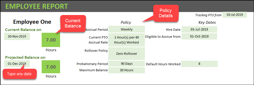 Employee Report - PTO Calculator - Hourly Employees - Summary