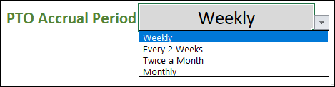 PTO Accrual Period - Options - Weekly, Every 2 Weeks, Twice a Month, Monthly