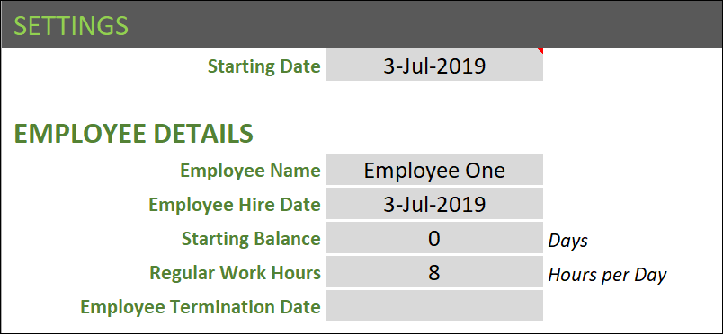 Settings - Employee Details and Start Date