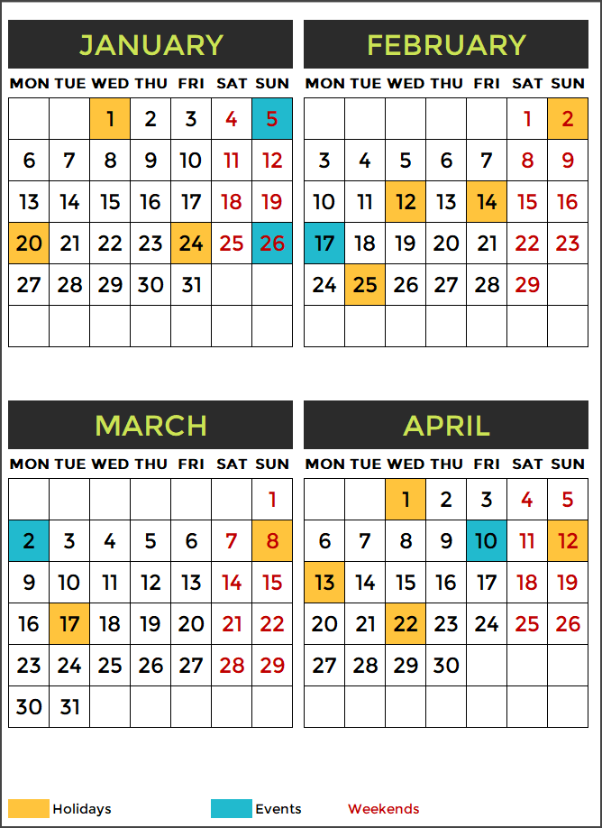 2020 Calendar Design 12 – 3 Pages with Events