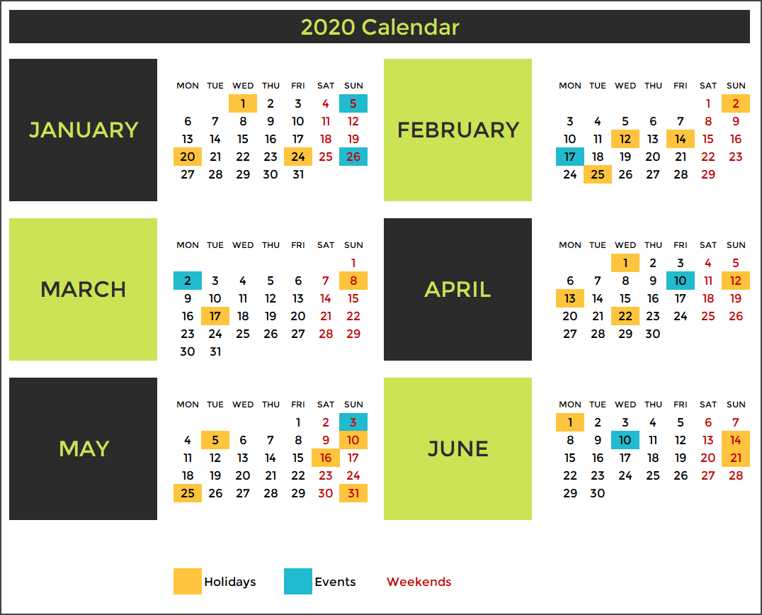 2020 Calendar Design 13 – 2 Pages - 6 Months each