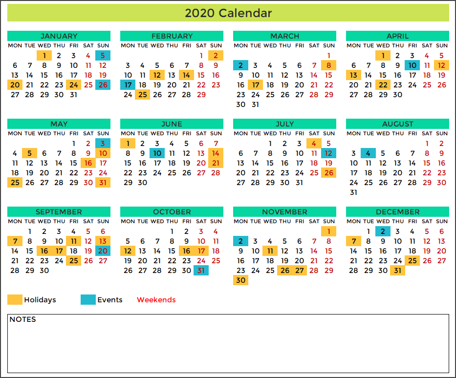 2020 Calendar Design 2 – 1 Page 12 Months – 3 X 4