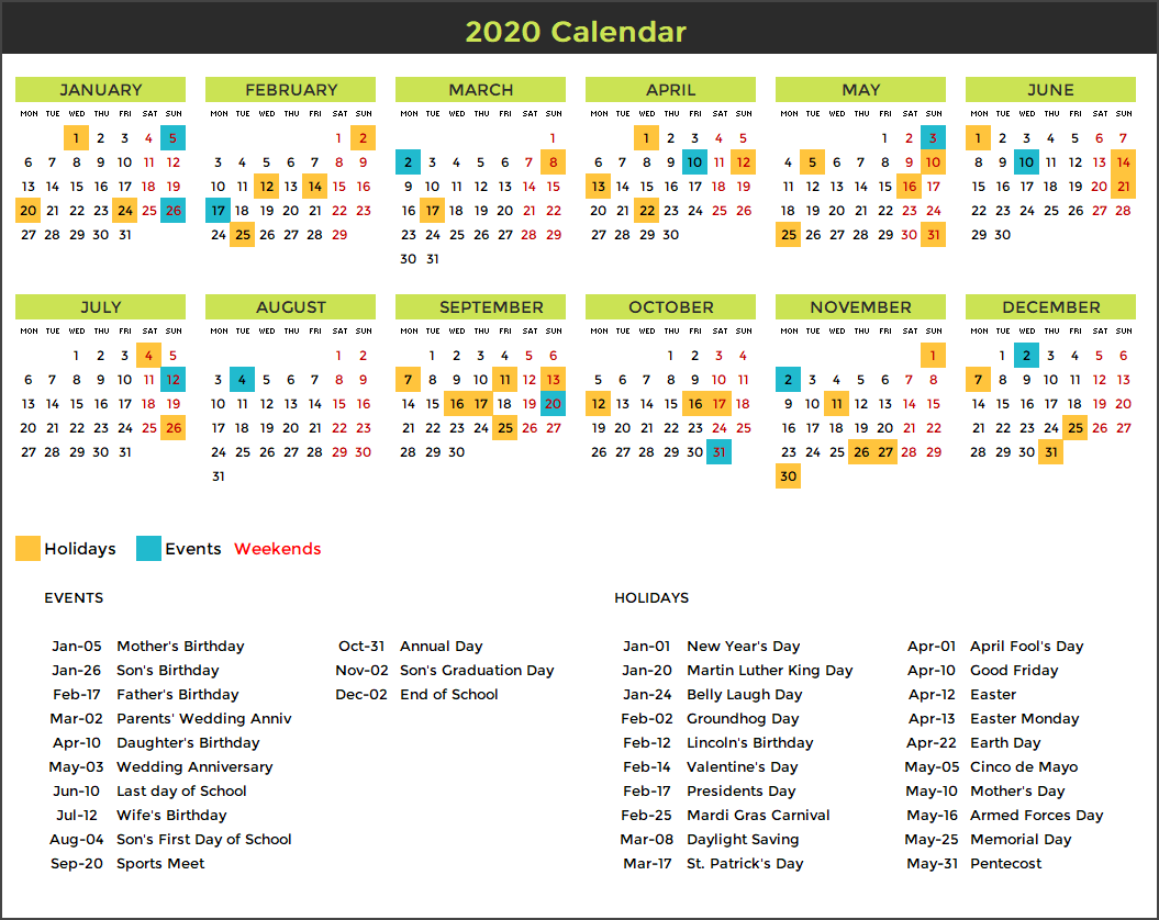 2020 Calendar Design 3 – 1 Page 12 Months – 2 X 6