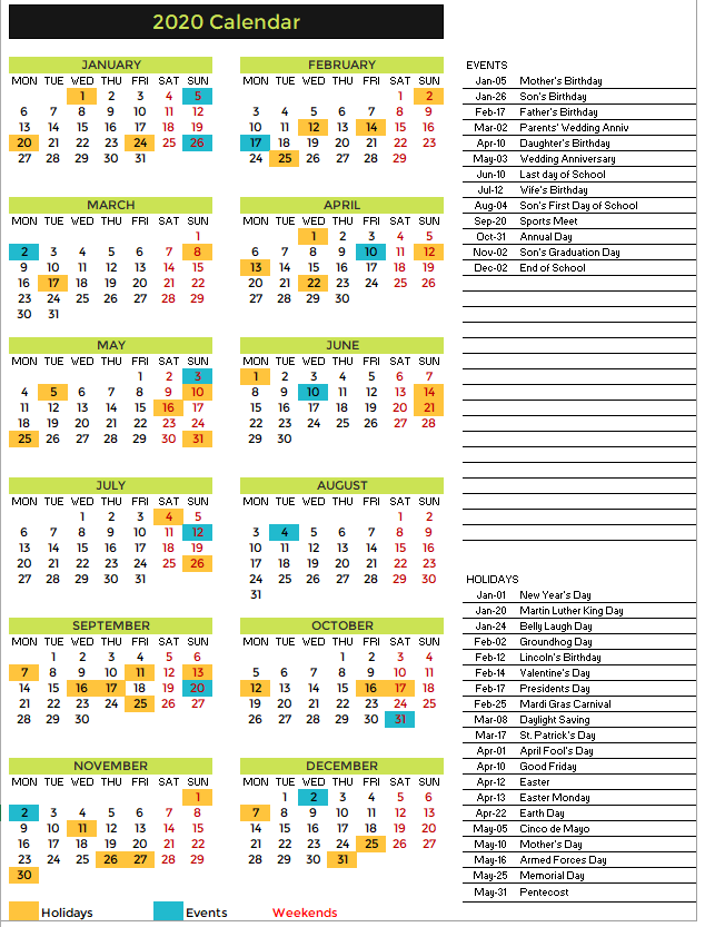 2020 Calendar Design 4 – 1 Page 12 Months – 6 X 2