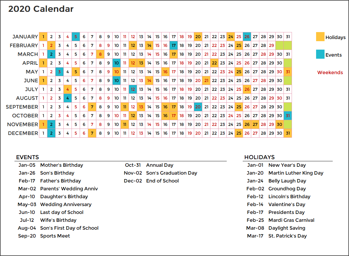 2020 Calendar Design 6 – 1 Page 12 Months – 12 X 31 with Events