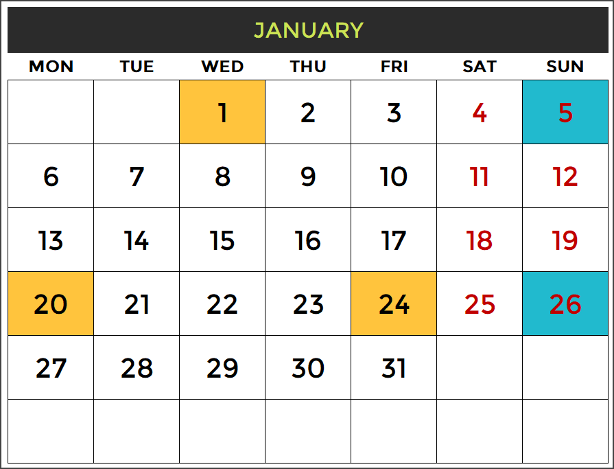 2020 Calendar Template - Monthly - January 2020
