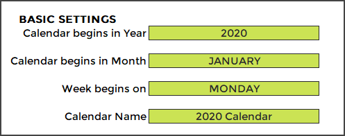 Basic Settings - Calendar 2020 Excel Template