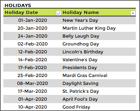 Enter Holidays for 2020 Calendar