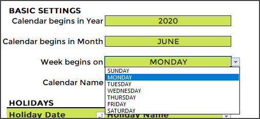 Start Week from any day - Calendar template 2020 excel