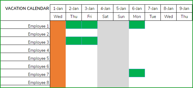 Each employee is listed on the left. The holidays are shown in orange, weekends in gray and employee vacations are shown in green. The calendar can display 31 days and 20 employees at a time. Here is the look of the entire calendar (vertically)
