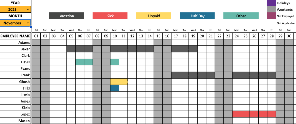 Employee Leave Tracker 2025 - Team Dashboard