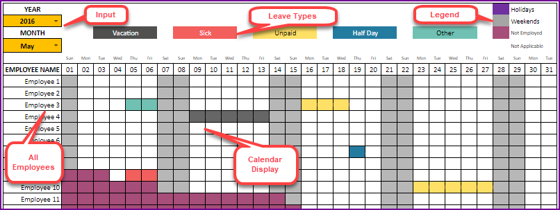 Leave Tracker Dashboard – showing calendar for all employees