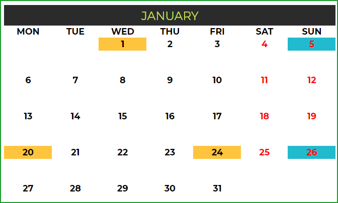 2020 Calendar Template – Monthly – January 2020