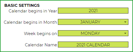 Basic Settings – 2020 Excel Calendar Template