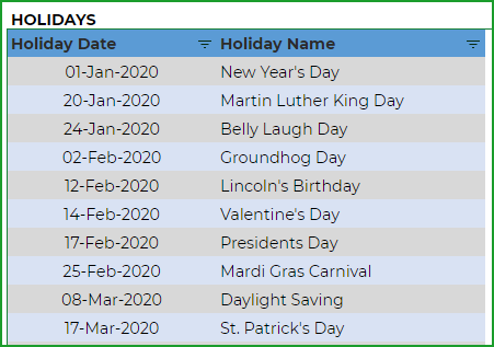 Enter Holidays for 2020 Calendar