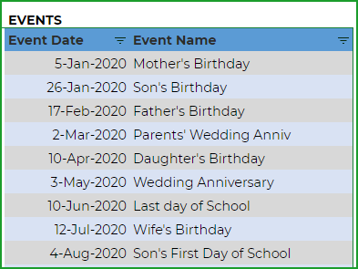 Enter events to display on calendar