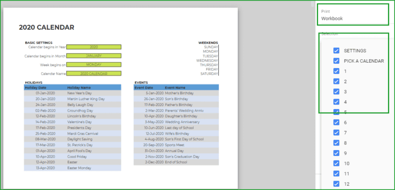Free Calendar template for Google sheets - 20 Different designs