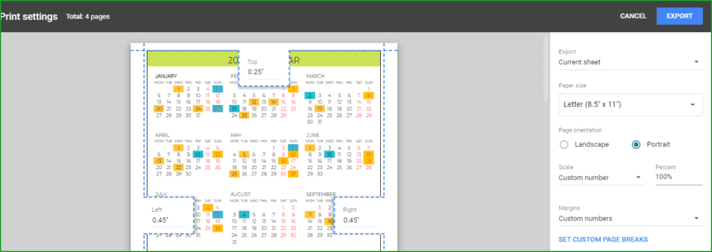 Free Calendar template for Google sheets - 20 Different designs
