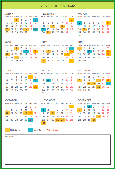 2020 Calendar Design 1 – 1 Page 12 Months – 4 X 3