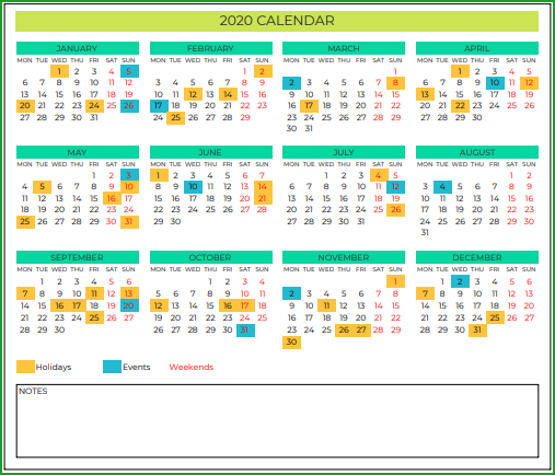 2020 Calendar Design 2 – 1 Page 12 Months – 3 X 4