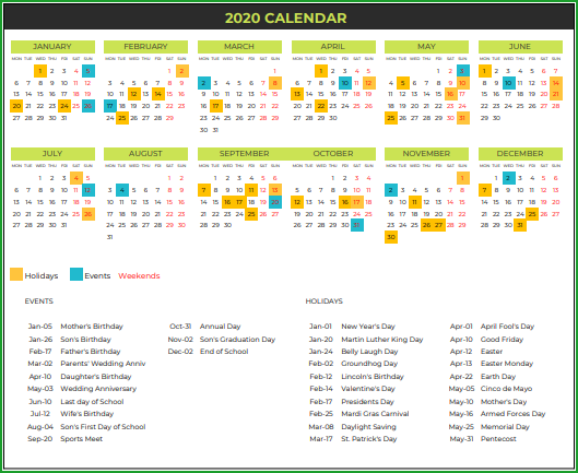 2020 Calendar Design 3 – 1 Page 12 Months – 2 X 6