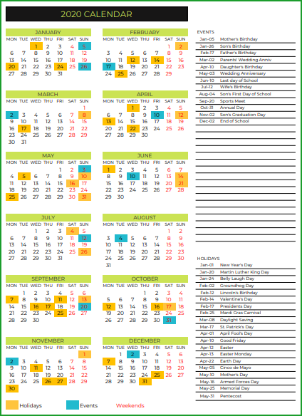 2020 Calendar Design 4 – 1 Page 12 Months – 6 X 2