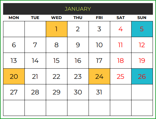 2020 Calendar Template – Monthly – January 2020