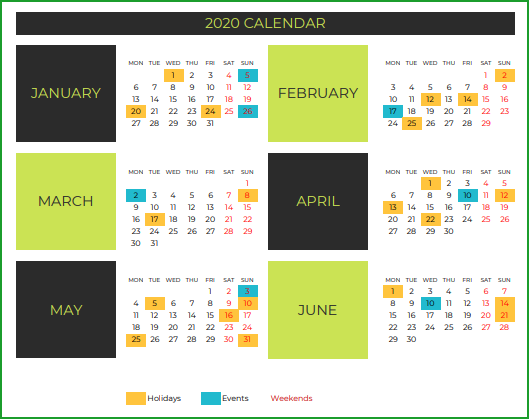 2020 Calendar Design 13 – 2 Pages – 6 Months each