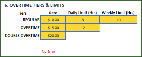 Settings – Enter Overtime tiers and Limits for Timecards