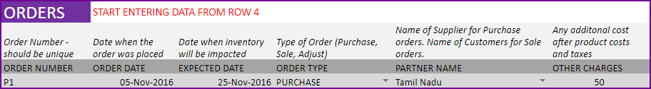 Entering a purchase order in Order Headers sheet