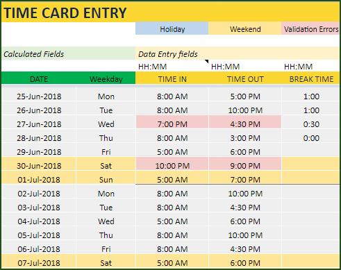 Time Card Entry in the Google Sheet template