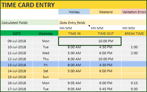 Time Card Entry in the Timesheet Google Sheet template – Validation