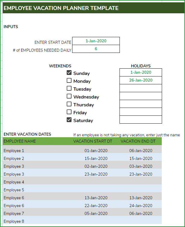 Employee Vacation Planner Free Google Sheets Template